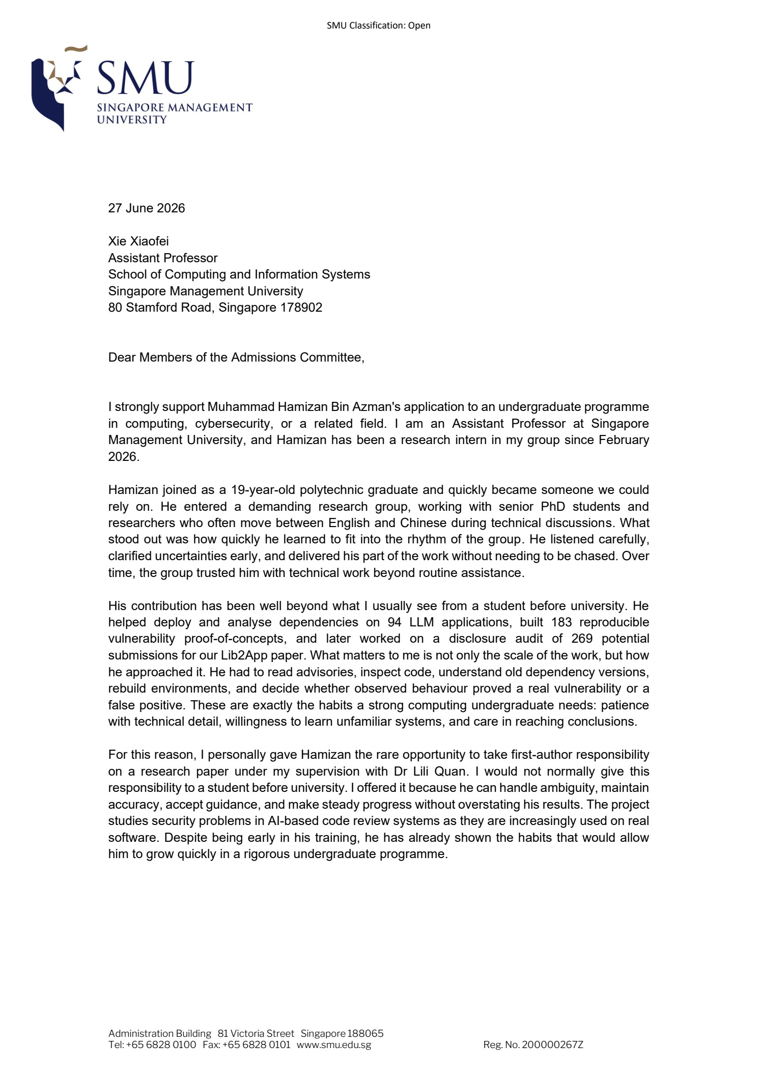 Prof Xiaofei Xie recommendation letter, page 1