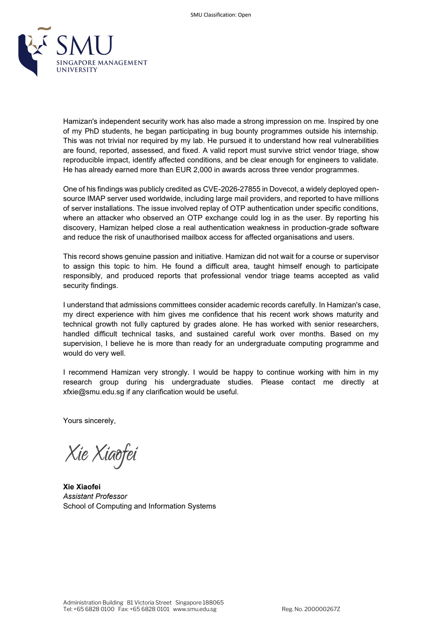 Prof Xiaofei Xie recommendation letter, page 2